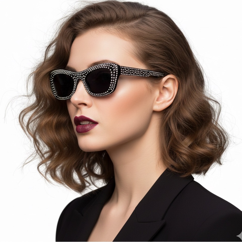 NWT Mango Mng Rhinestone Sunglasses Recycled Materials Black Retro Glam Sexy - Picture 2 of 14